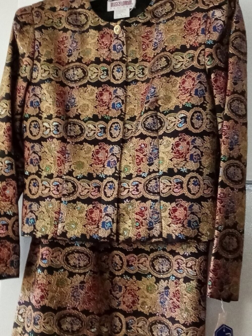 VTG 80s Maggy London Metallic Brocade Skirt Suit NWT Deadstock Gold Floral 8 P